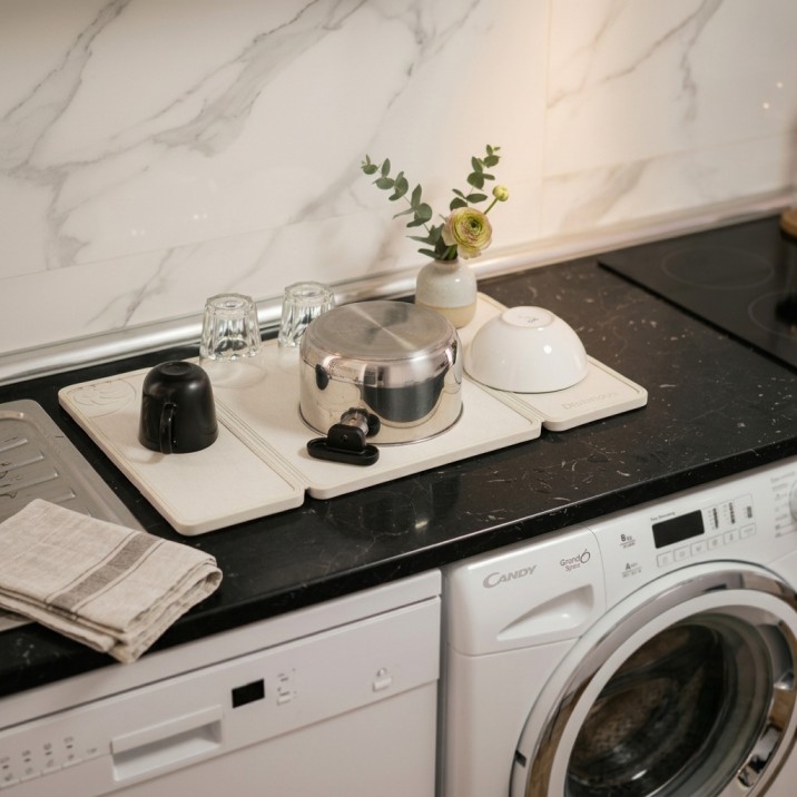 Diatomite dish drying mat on a kitchen countertop