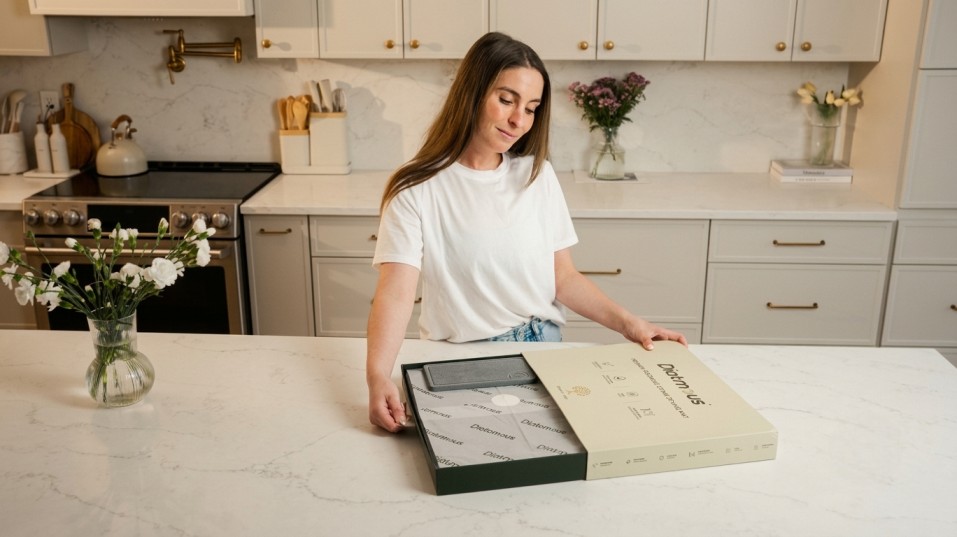Extra large diatomite dish drying mat on a marble kitchen island