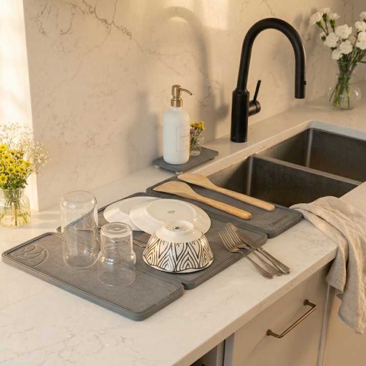 Black stone dish drying mat absorbing water beside a kitchen sink