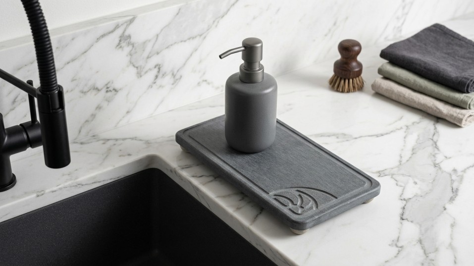 Black dish drying mat beside a kitchen sink with marble backsplash
